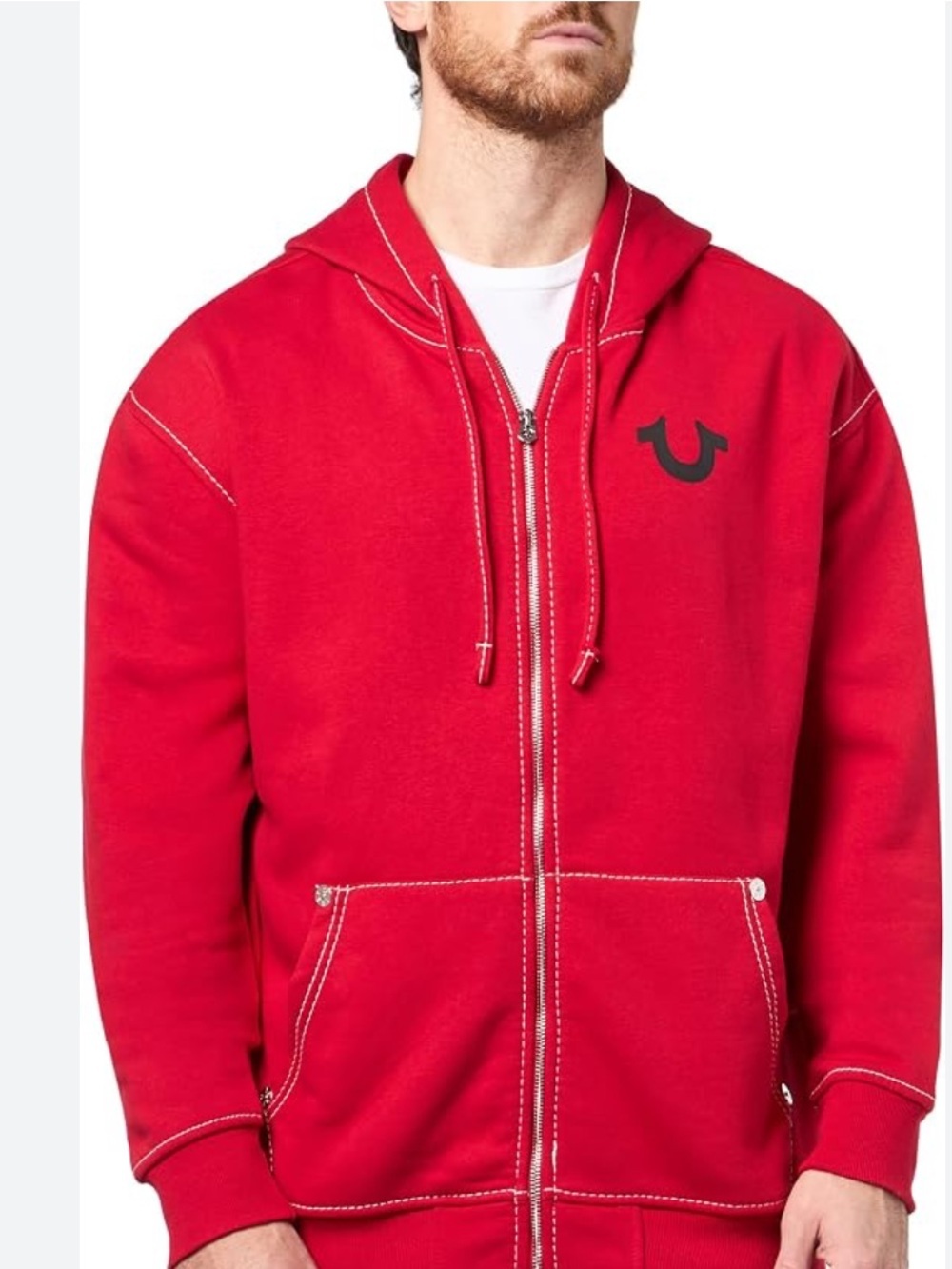 True Religion Red Zip-Up Hoodie with Contrast Stitching